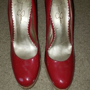 Red patent heels